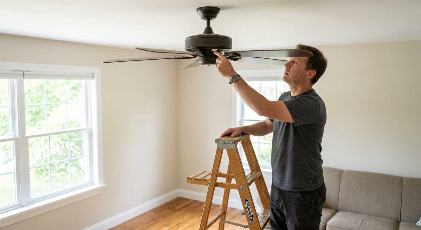 Person using a step ladder to change the reverse switch on a stopped ceiling fan