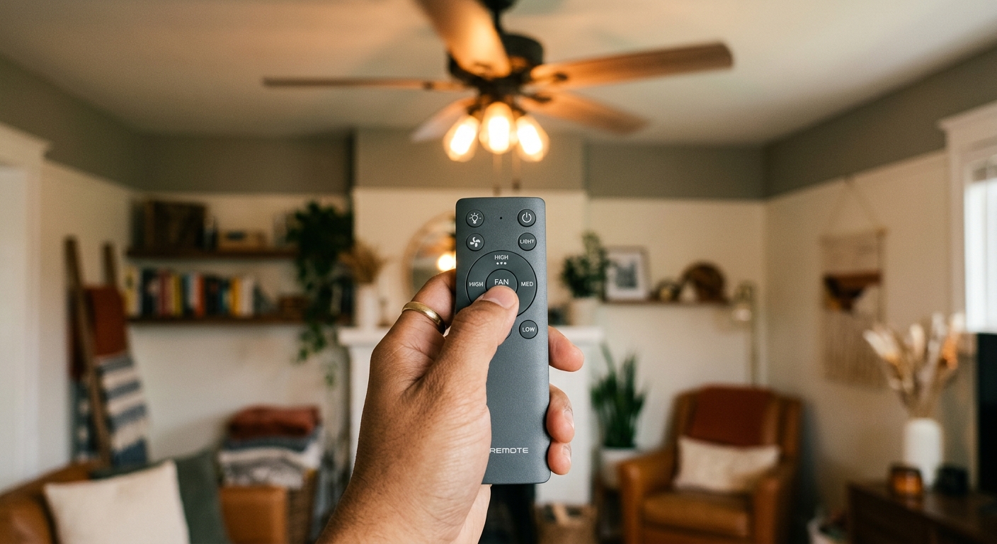 Hand using a remote control to reverse a ceiling fan for winter
