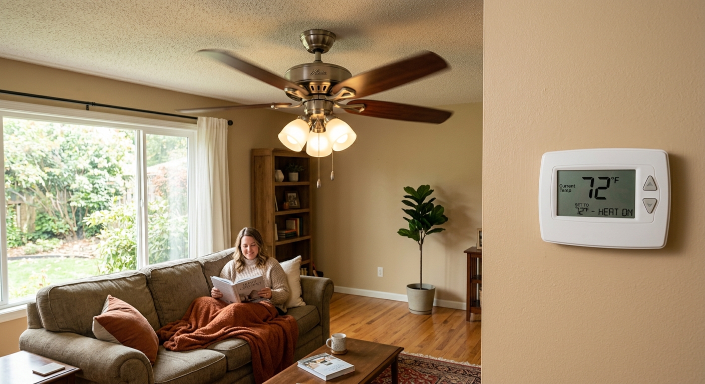 Ceiling fan running on low near a thermostat after winter direction adjustment