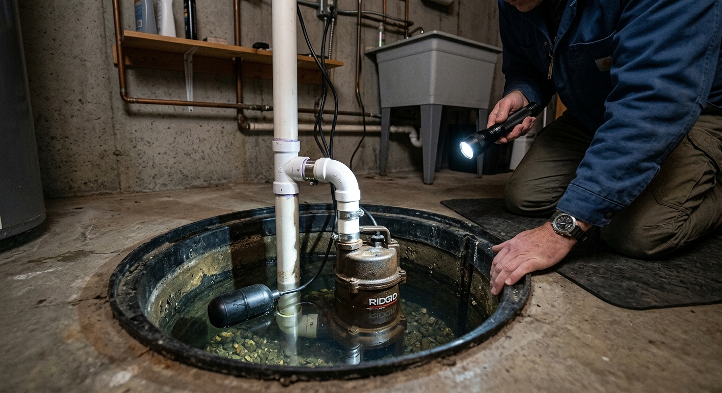 A homeowner shines a flashlight into an open sump pit to inspect the float switch and water level.