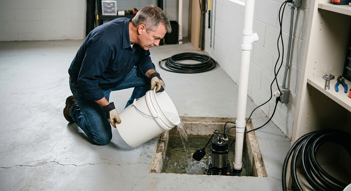 Water from a bucket raises the level in a sump pit while the homeowner watches the pump cycle.
