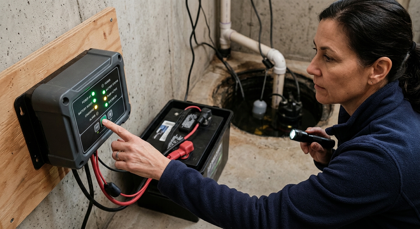 A battery backup sump pump controller shows indicator lights while the pit is tested with water.