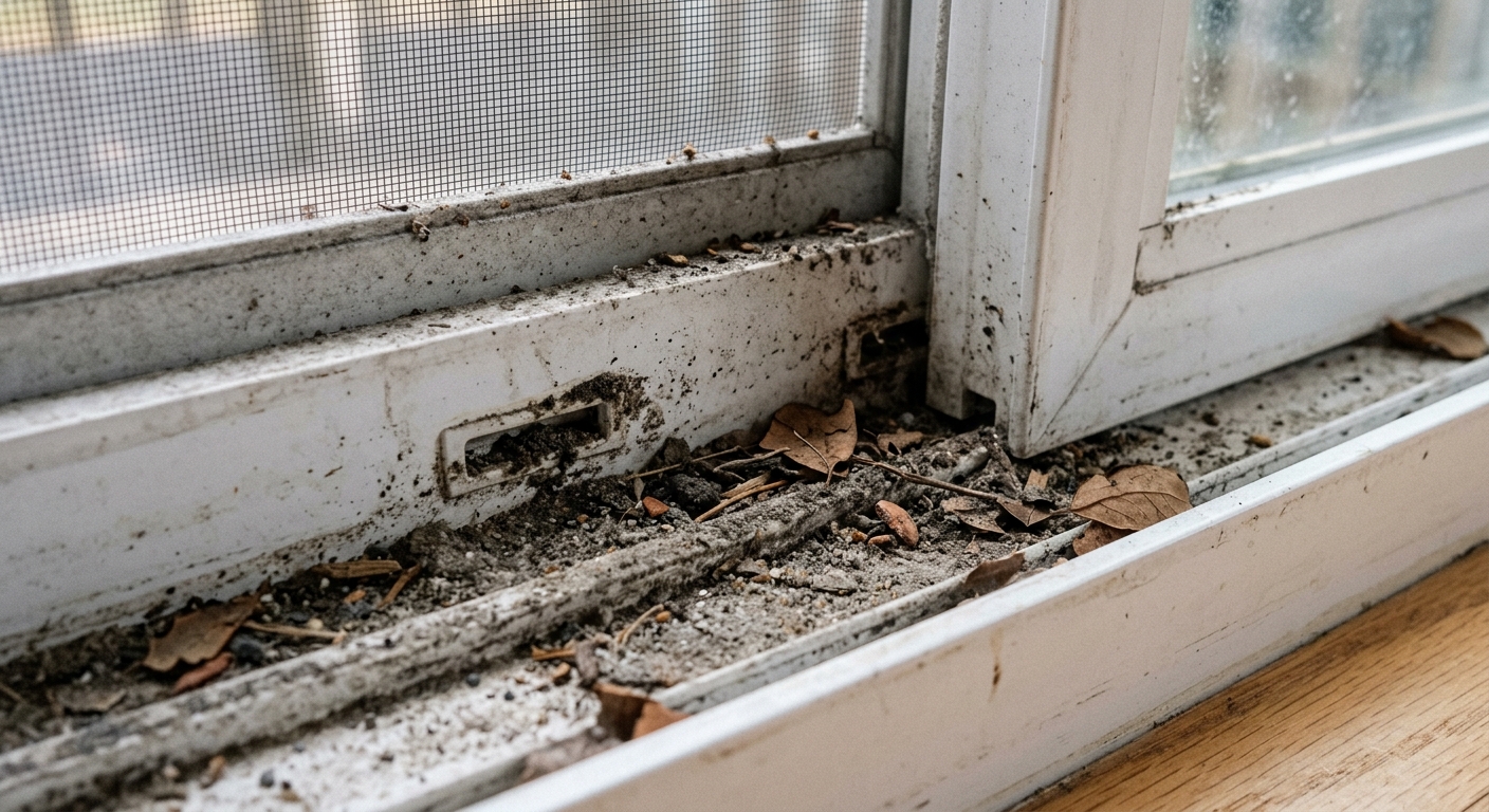 A close view of a dusty lower window track with visible corners and drainage slots before cleaning.