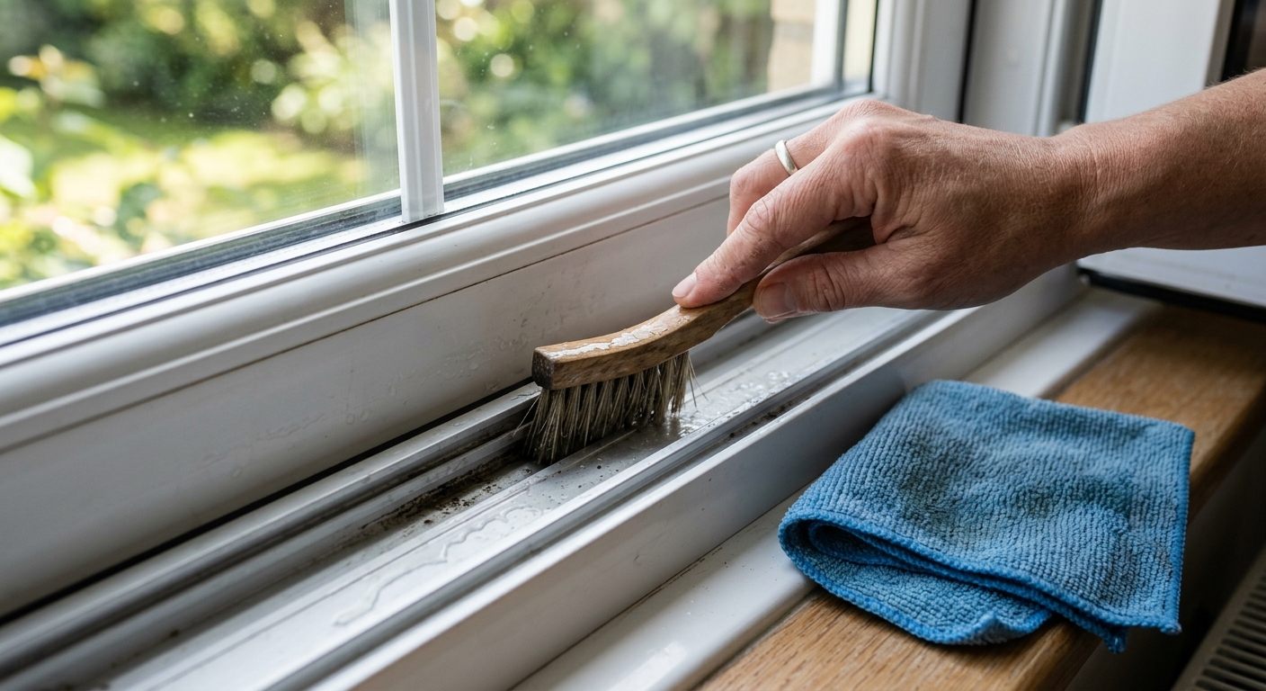 A hand uses a small angled detail brush to scrub a damp window track without flooding the frame.