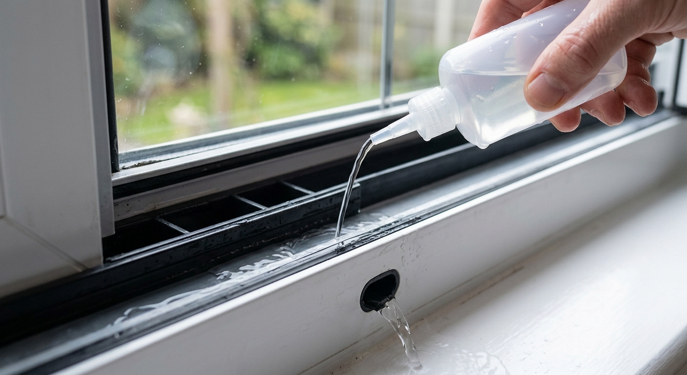 A small squeeze bottle adds a controlled trickle of water to a clean window track for a drainage test.