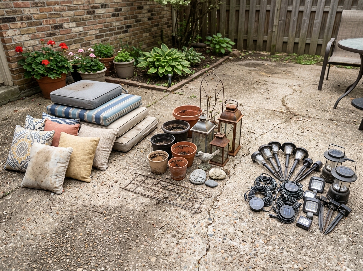 Patio cushions, lanterns, planters, and decor sorted into separate winter storage groups.