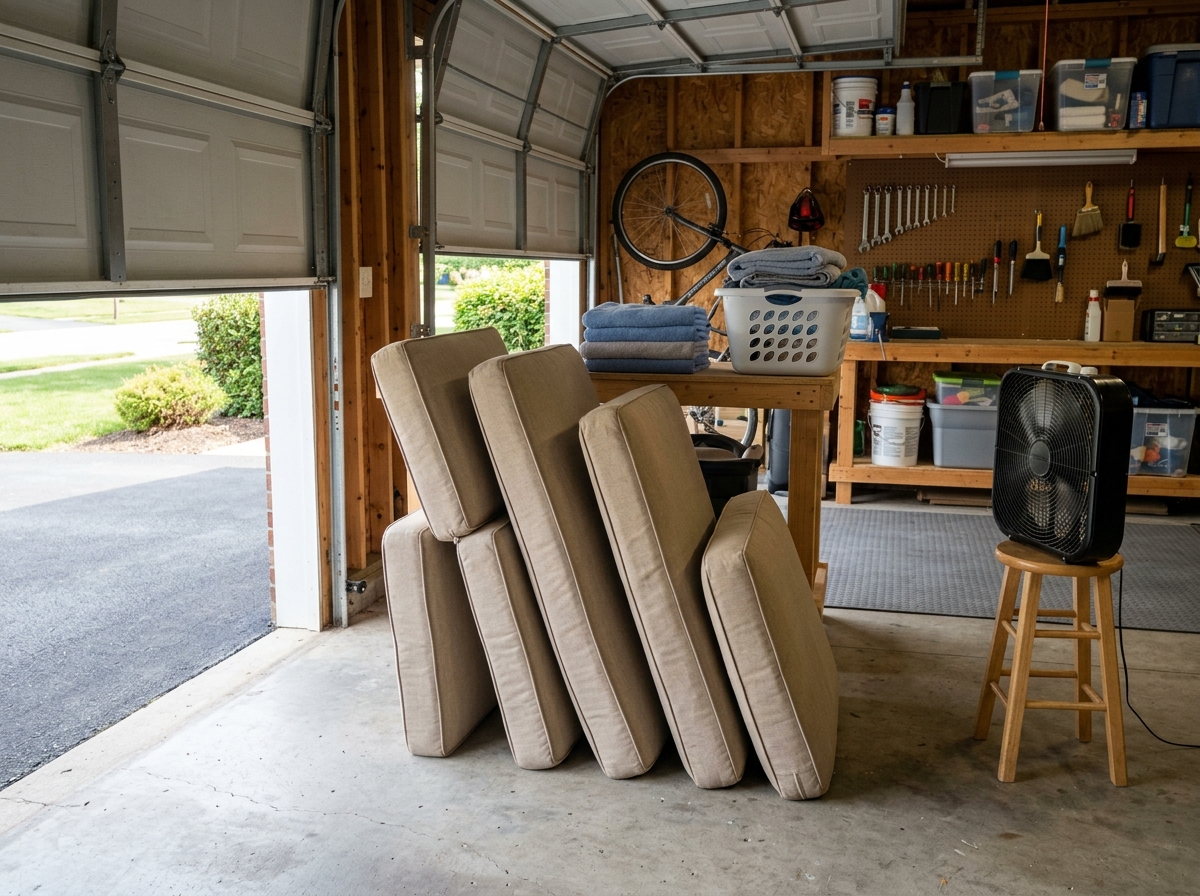 Clean patio cushions standing on edge in a ventilated garage with a fan moving air around them.