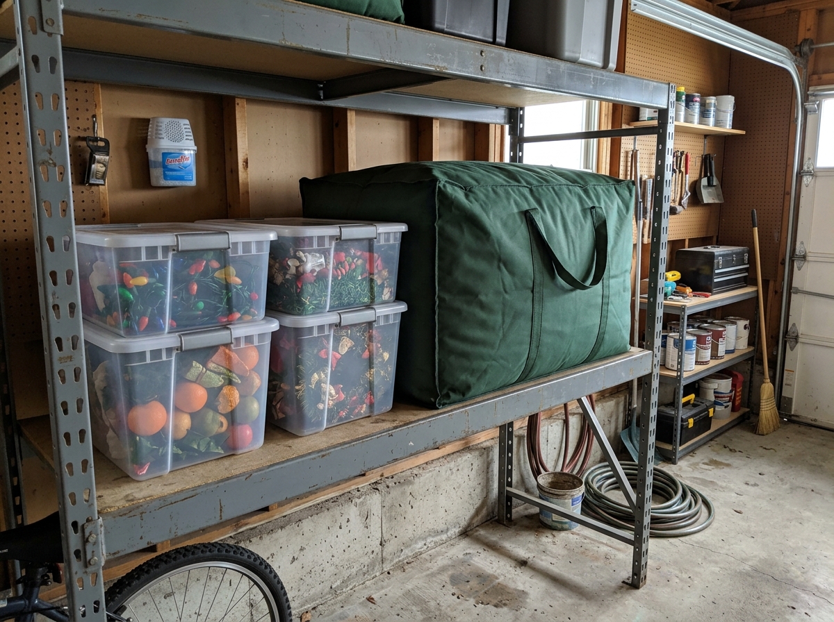A labeled cushion storage bag and clear decor bins placed on a garage shelf above the concrete floor.