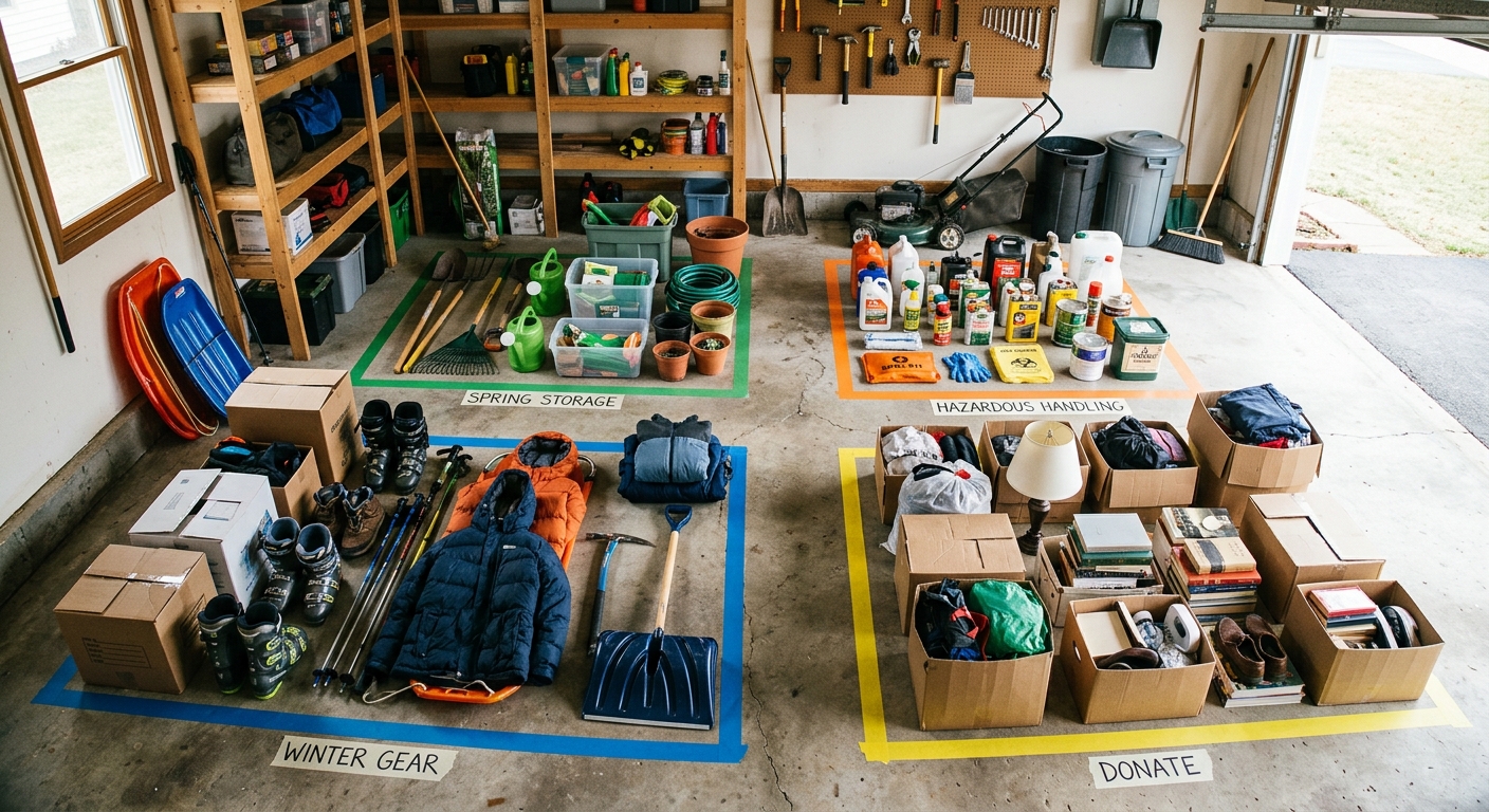A garage floor divided into labeled winter, spring, donate, and hazardous sorting zones.