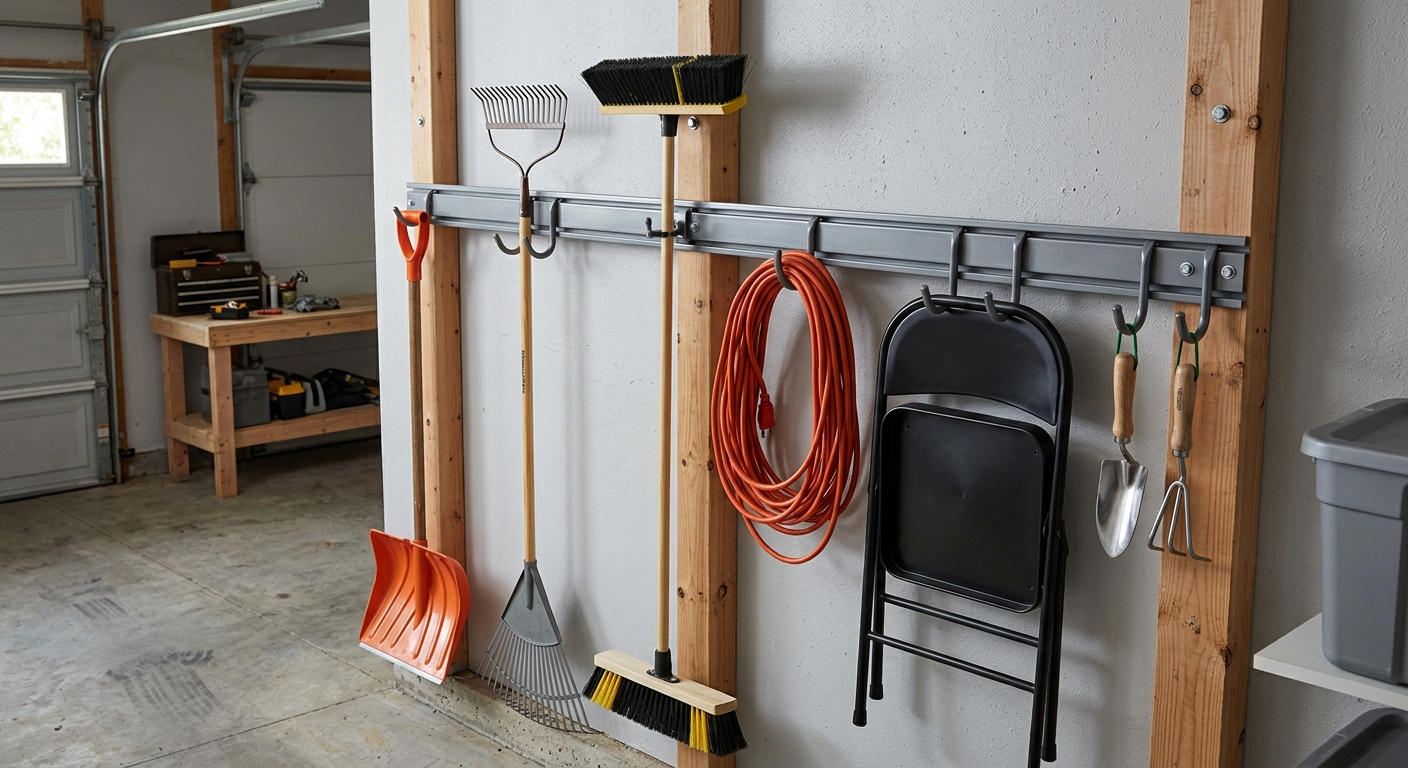 Long-handled rakes, shovels, cords, and snow tools hanging on a garage wall rail.