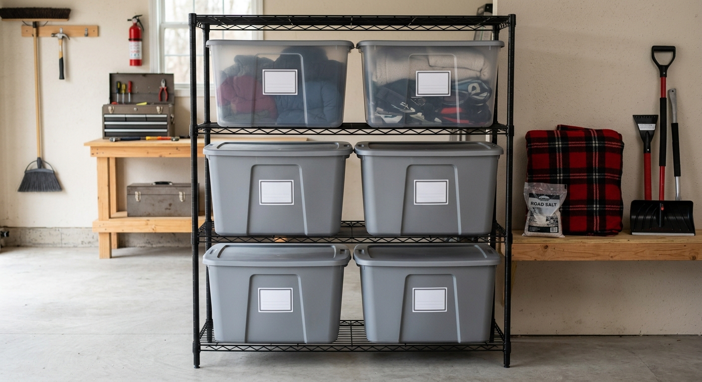 Stacked lidded garage totes on adjustable shelving with clear seasonal labels.