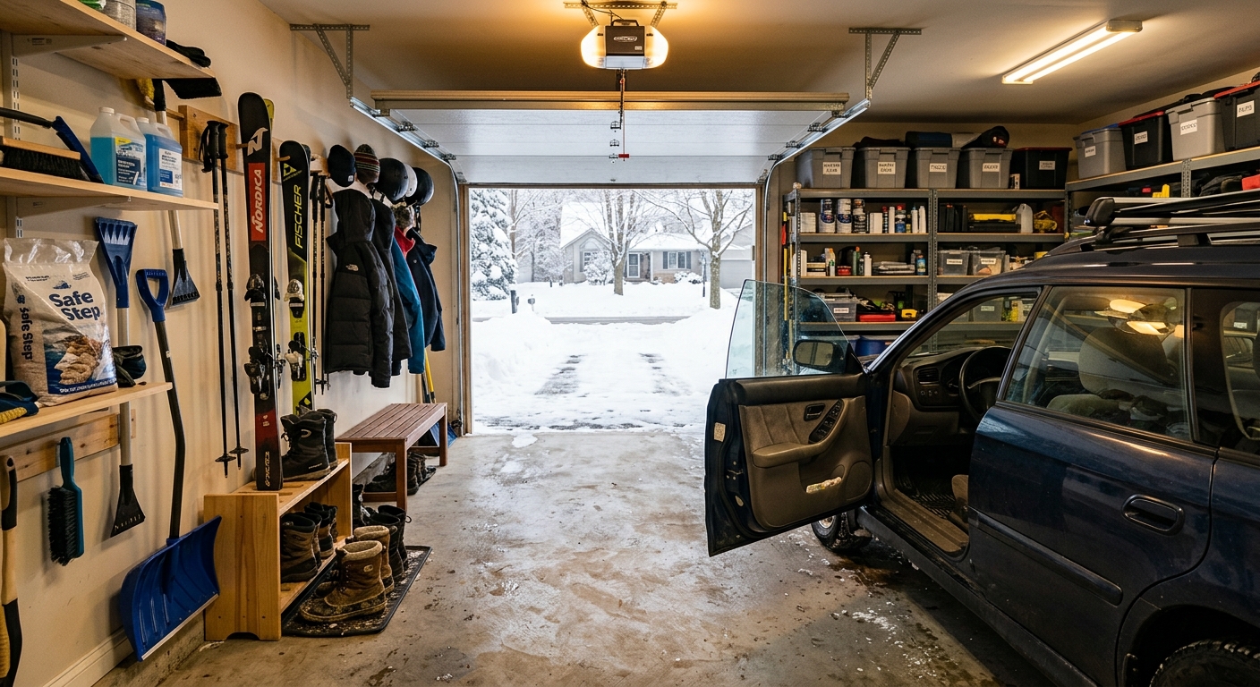 A parked car in a winter-ready garage with a clear walking lane and accessible snow gear.