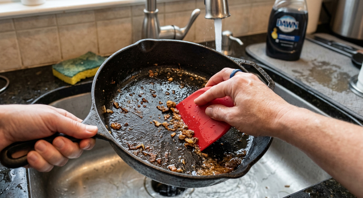 A warm cast iron skillet being cleaned with a red pan scraper after cooking.