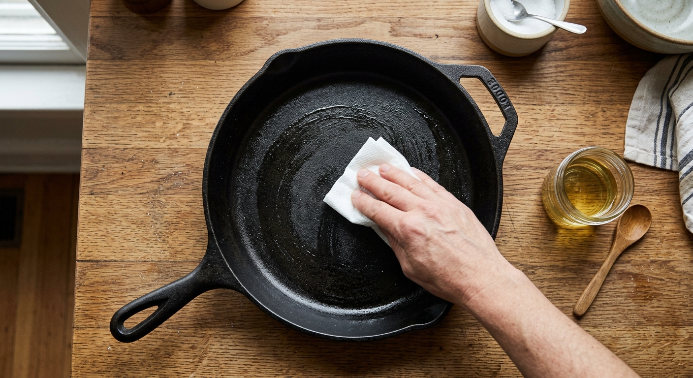 A paper towel spreads a barely visible oil coat over a dry cast iron skillet.