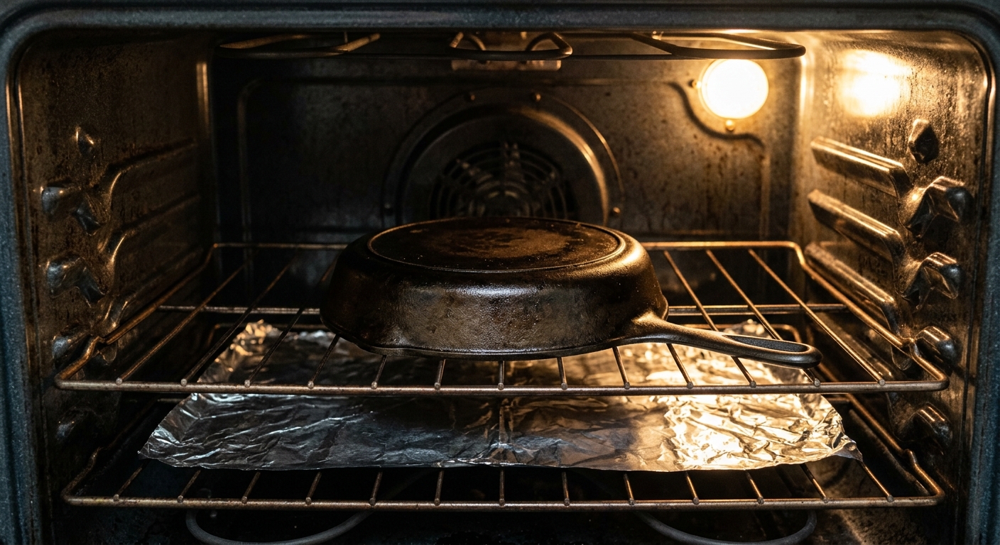 A cast iron skillet sits upside down on an oven rack during a seasoning cycle.