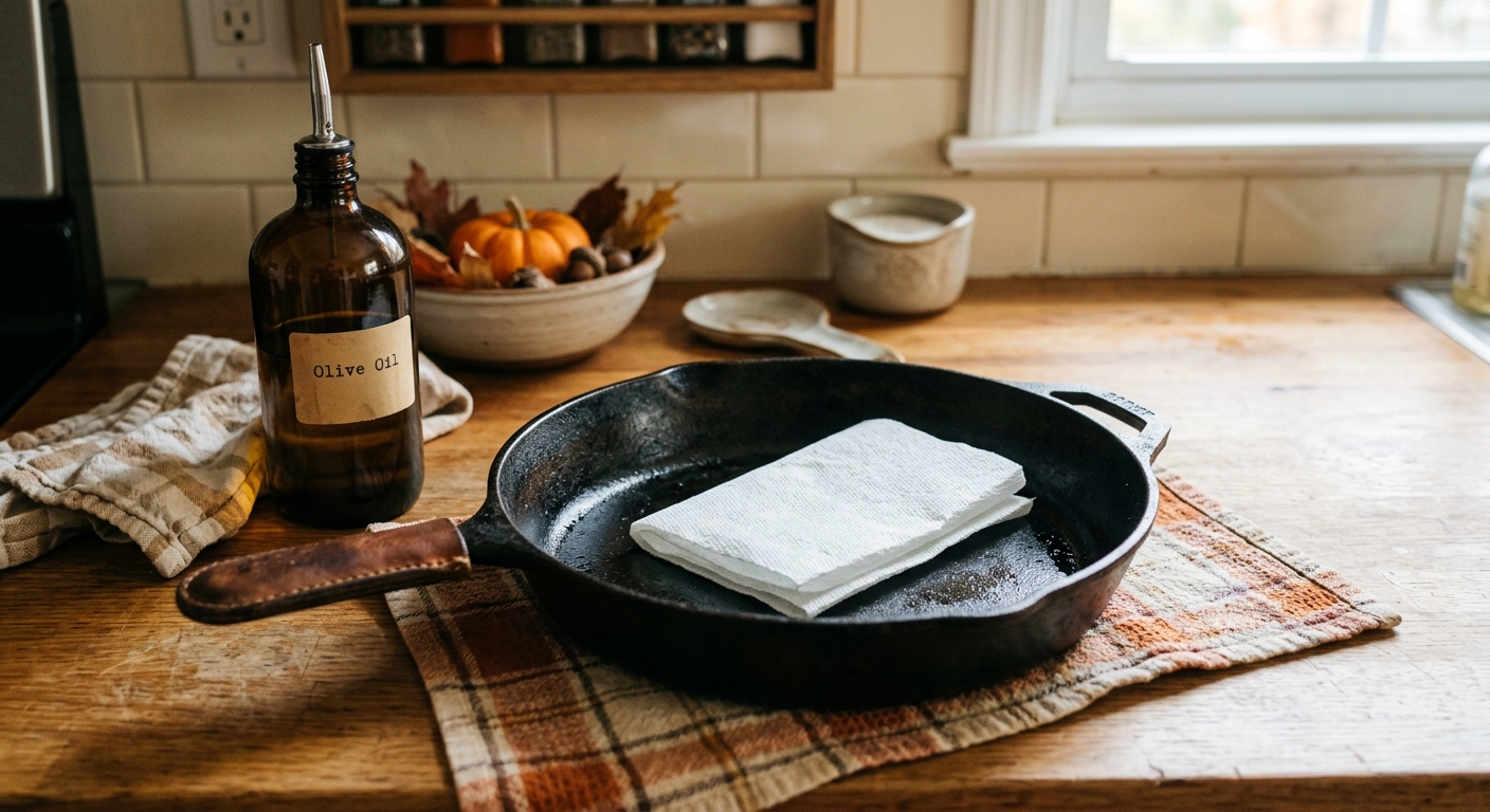A clean black cast iron skillet rests on a counter with oil, scraper, and towel nearby.