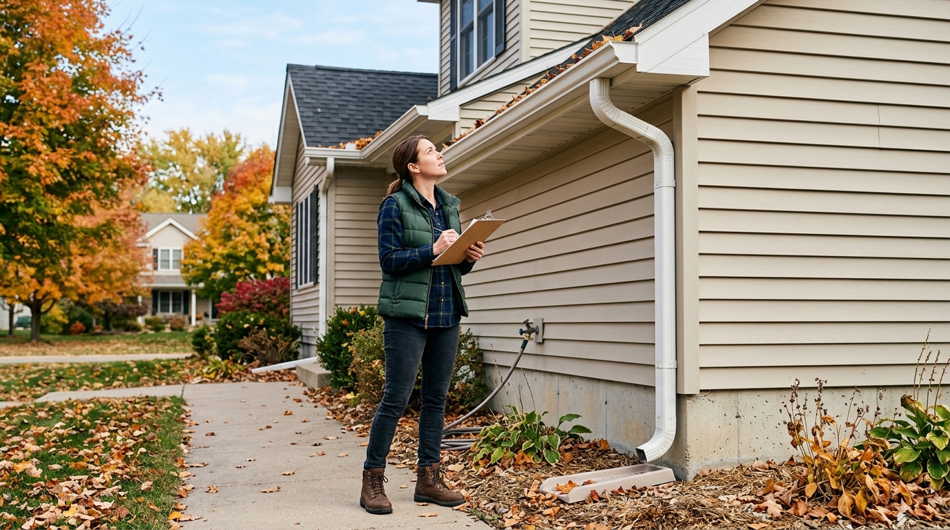 A homeowner reviews a fall maintenance checklist beside a house with gutters, hoses, and tools visible.