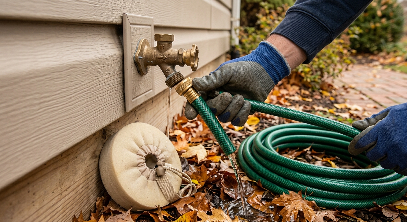 A homeowner disconnects a garden hose and checks an exterior faucet before freezing weather.