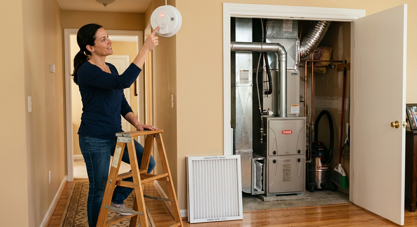 A homeowner tests smoke and carbon monoxide alarms while checking a furnace filter.