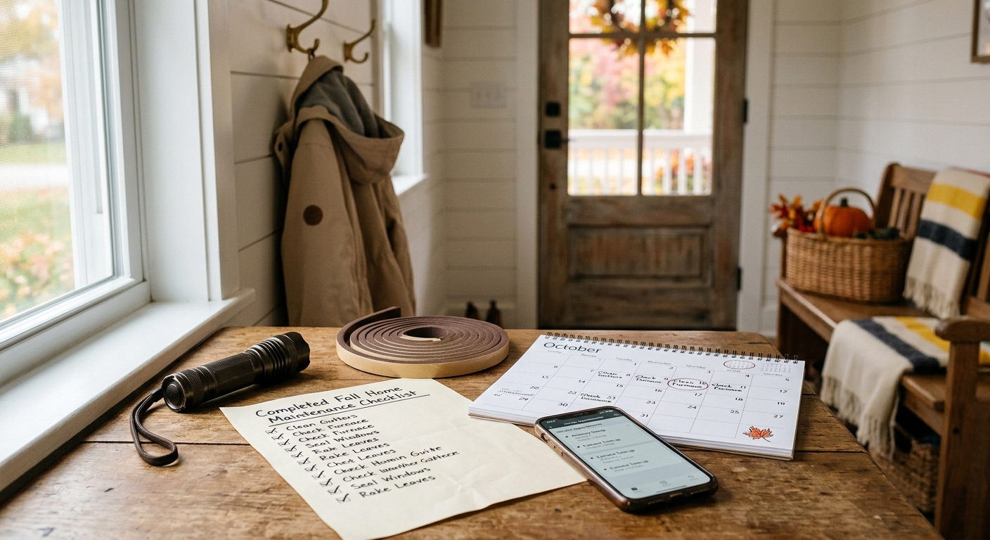 A finished fall maintenance checklist shows completed tasks and scheduled professional appointments.