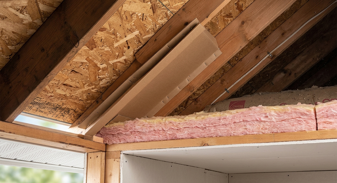 A cross section style attic scene shows insulation kept back from a soffit vent with a baffle.