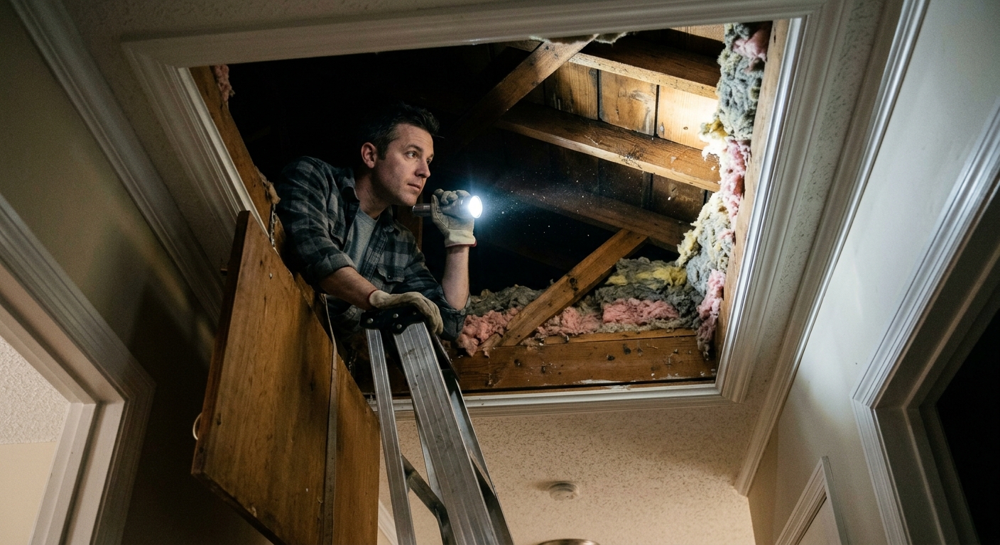 A homeowner shines a flashlight from an attic hatch before stepping onto joists.