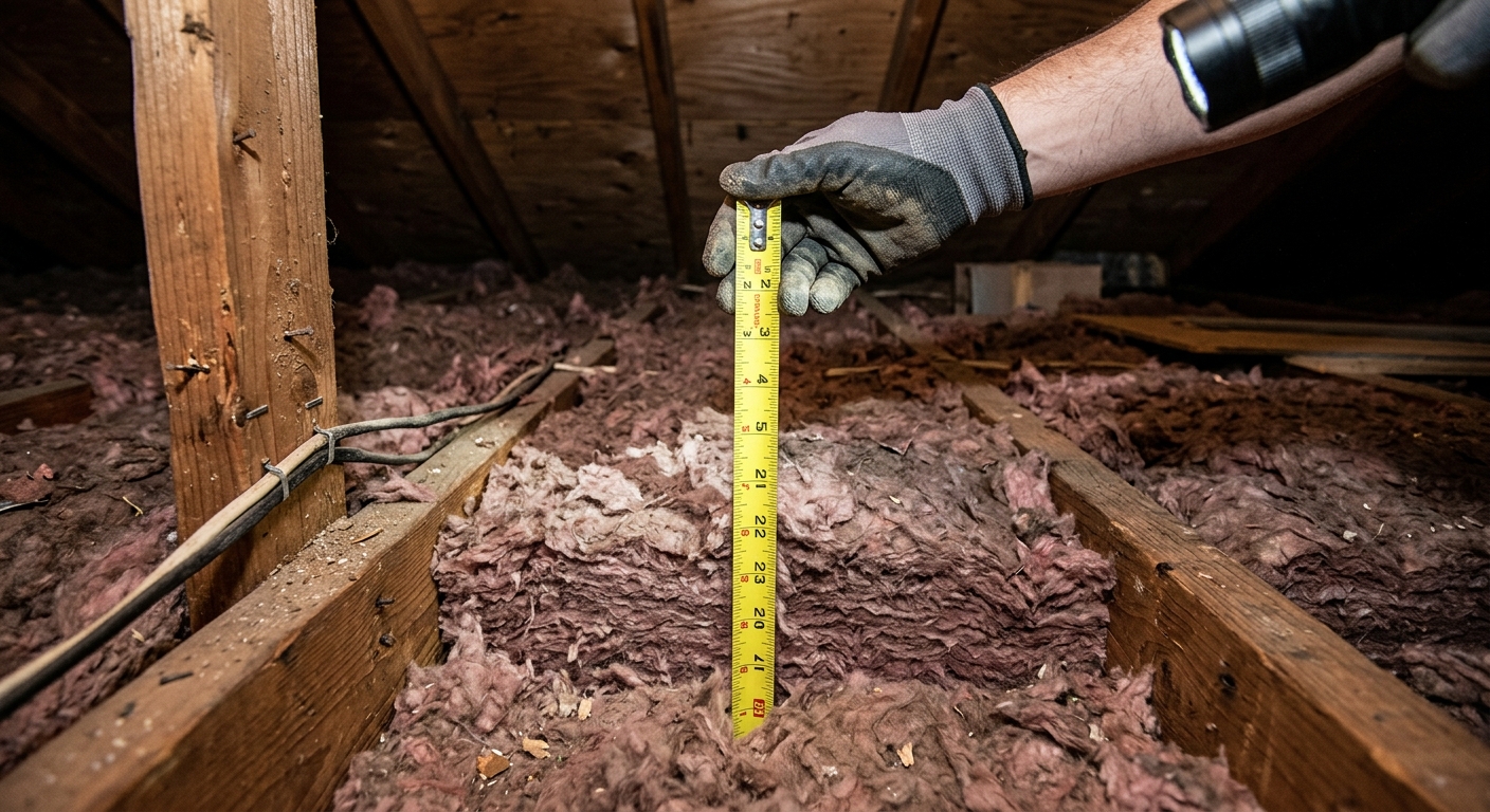 A tape measure stands vertically in loose attic insulation to record depth.