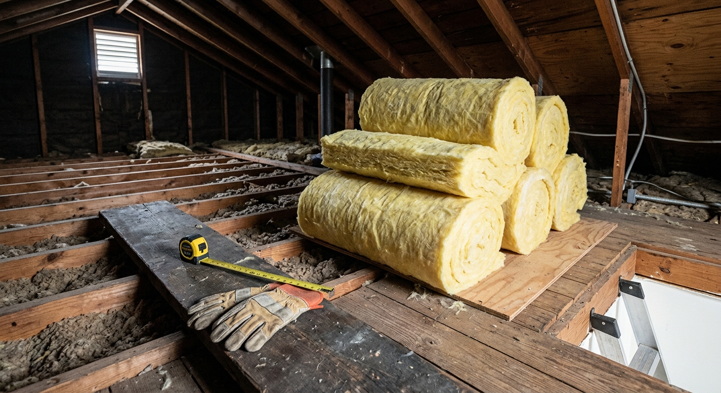 Unfaced fiberglass batts sit staged near an attic opening for a planned insulation top-up.