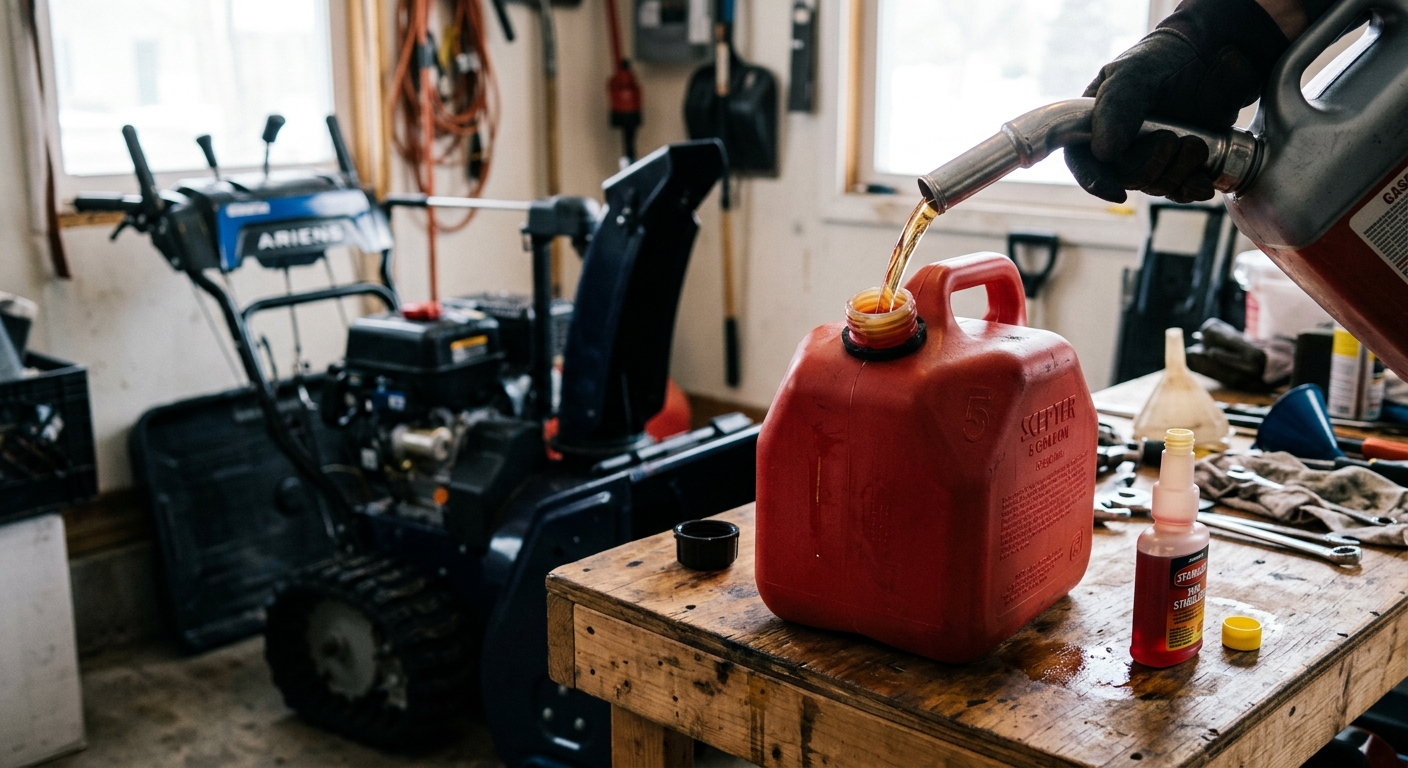 Fresh fuel and stabilizer prepared for a snow blower