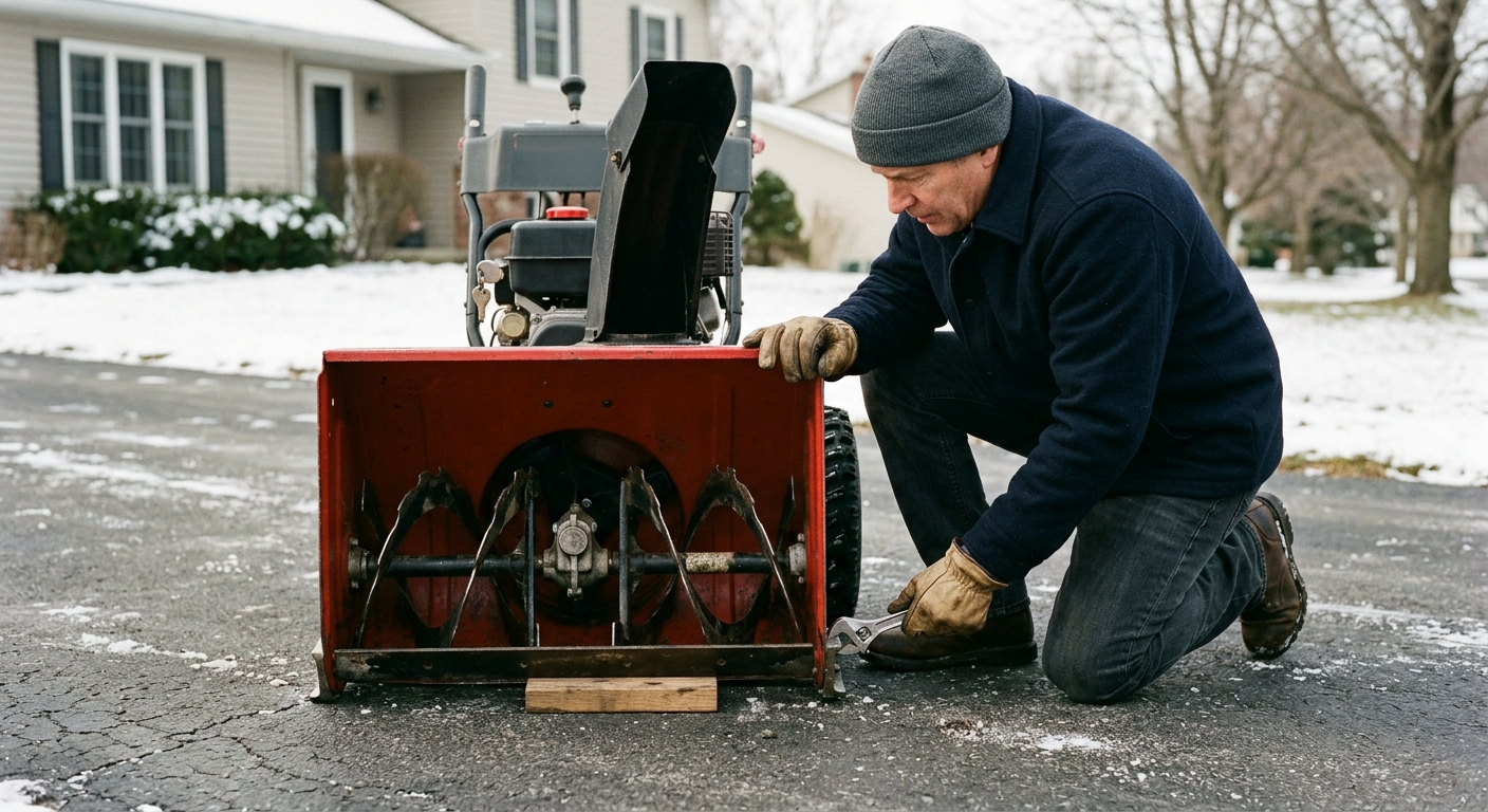 Skid shoes and scraper bar checked on a snow blower