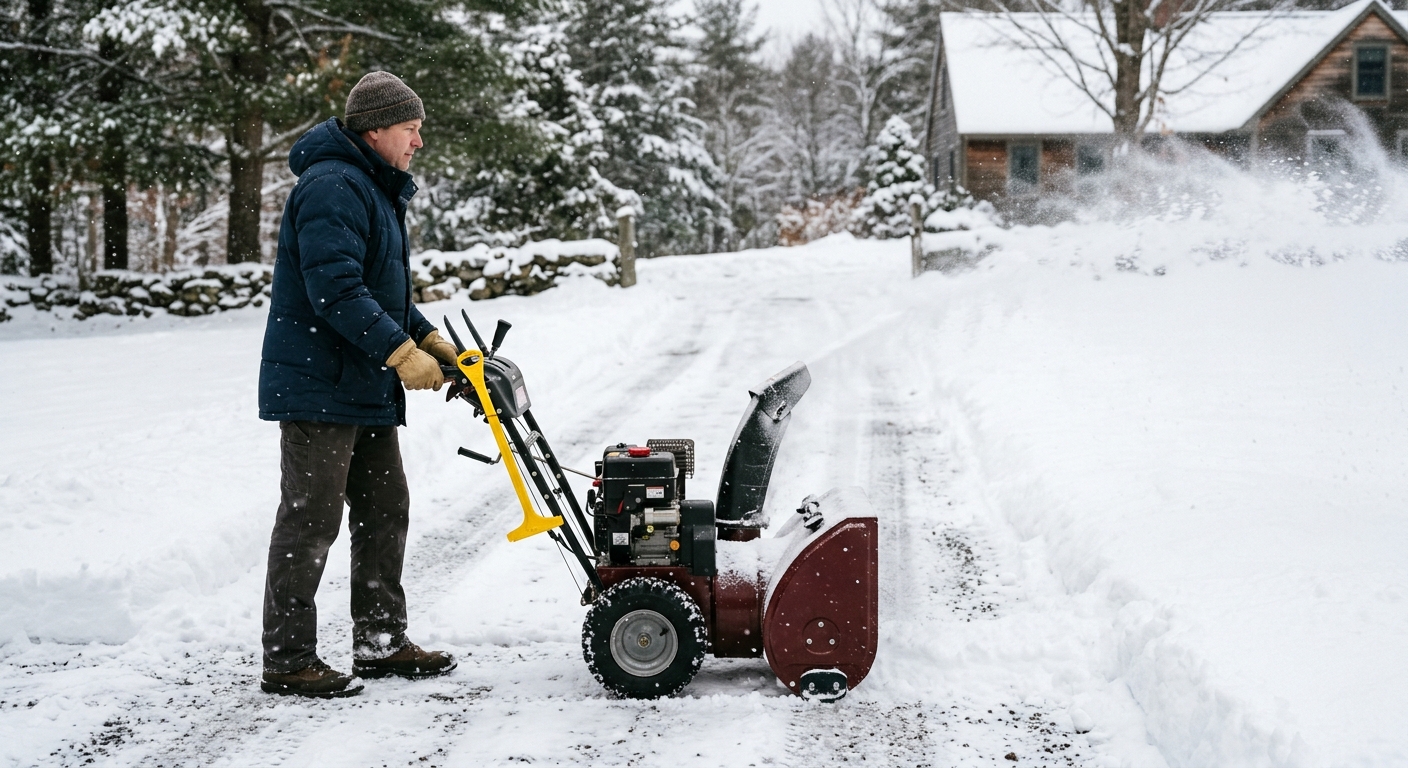 Outdoor snow blower test run after preseason maintenance
