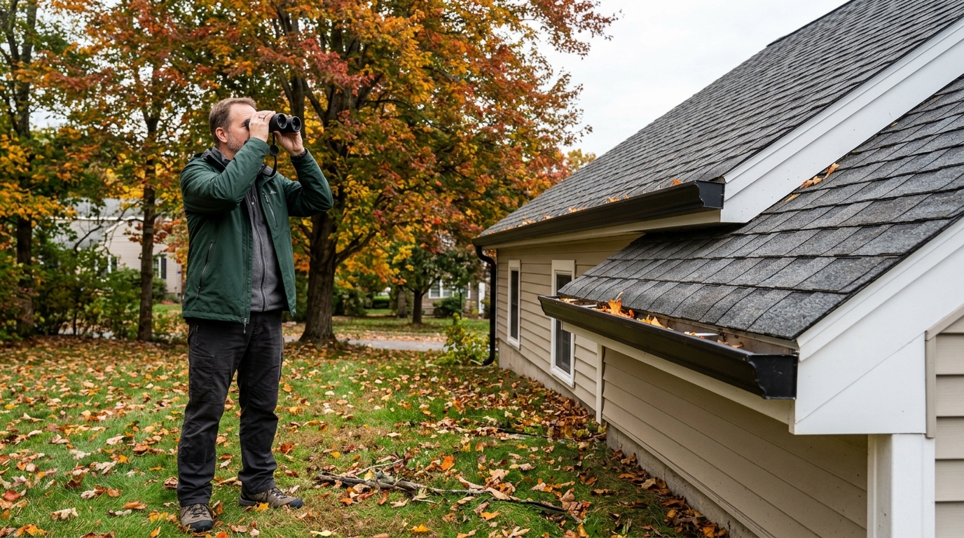 A homeowner stands in a yard using binoculars to inspect asphalt roof shingles before winter.