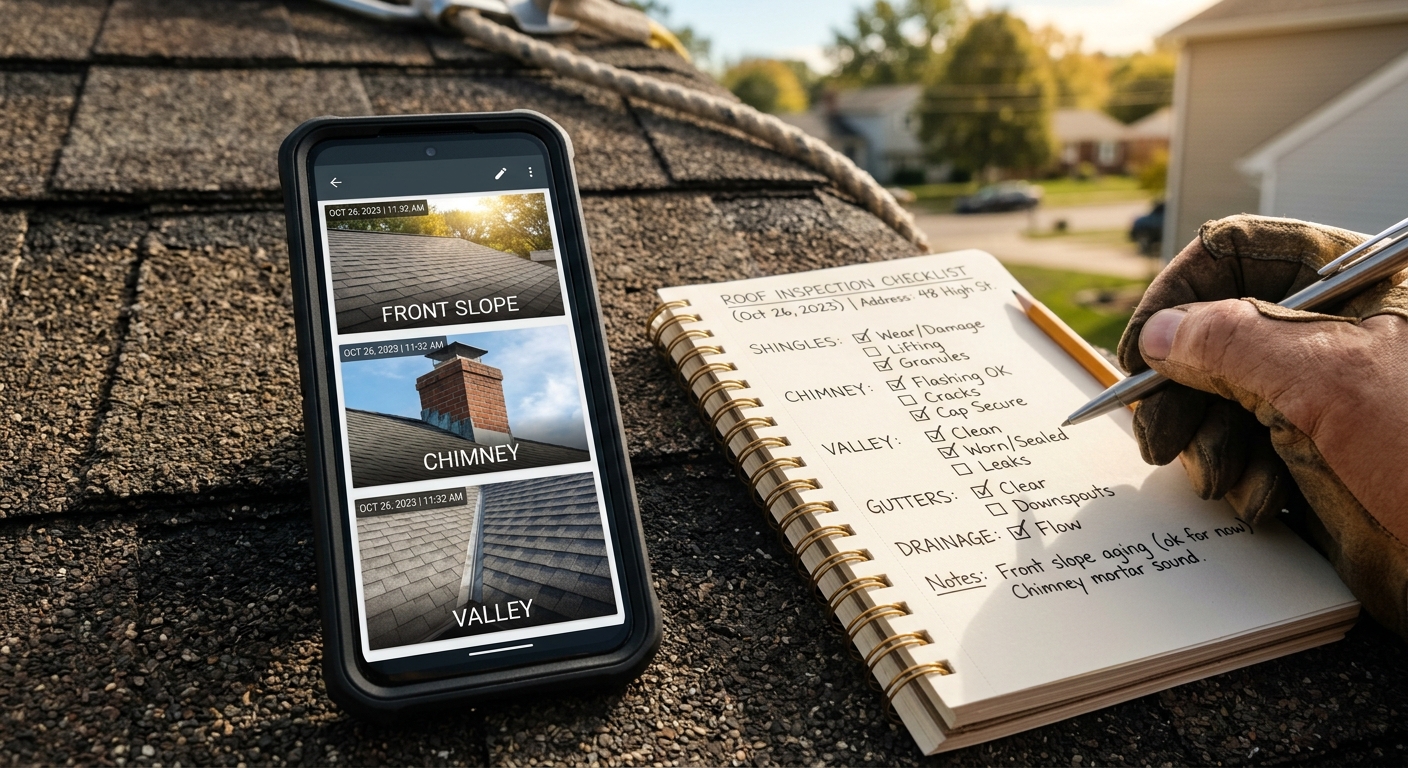 A phone screen shows labeled photos of roof planes, gutters, valleys, and chimney areas.