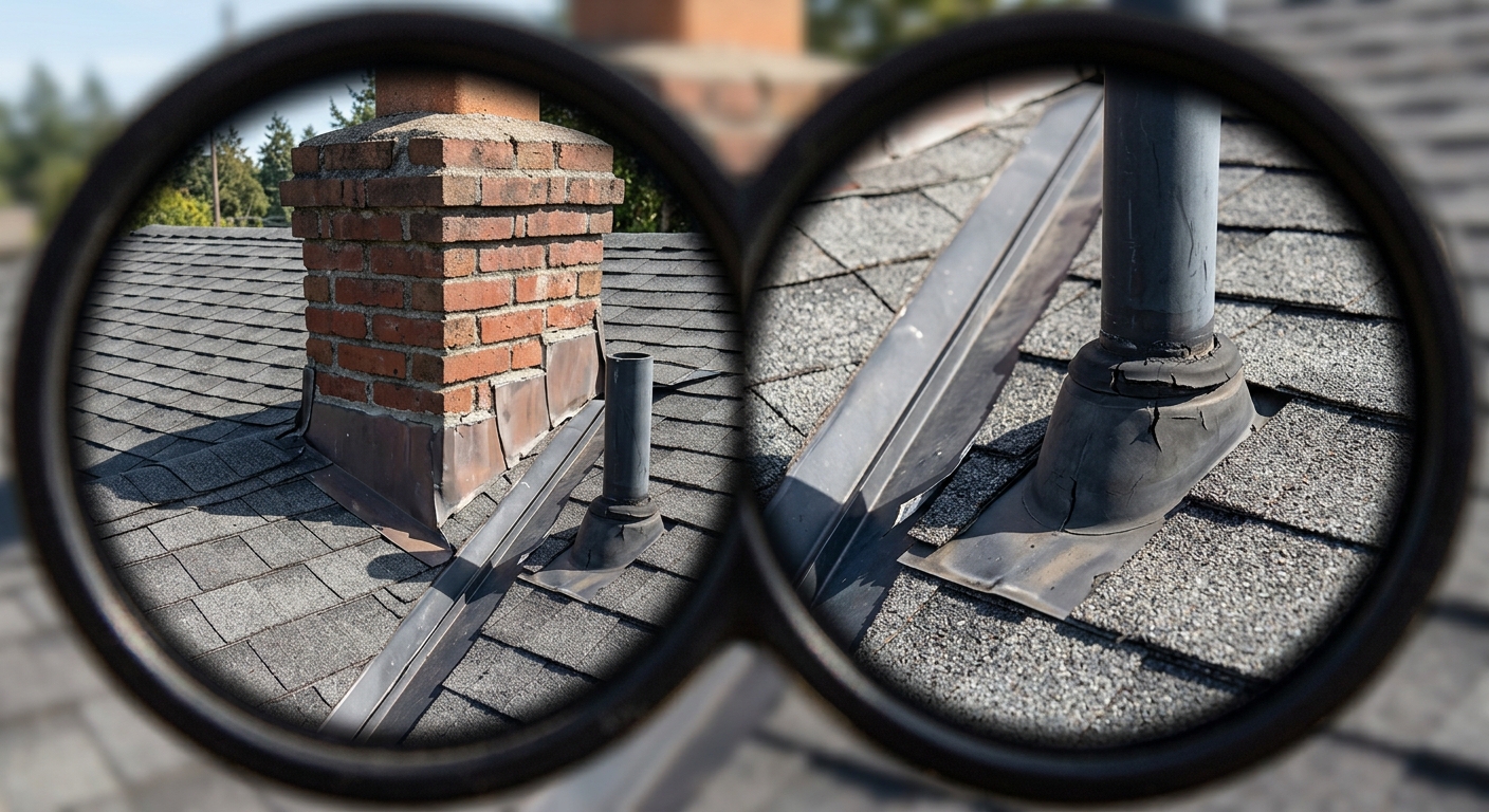 A binocular-view illustration highlights chimney flashing, plumbing vent boots, and roof valley flashing.