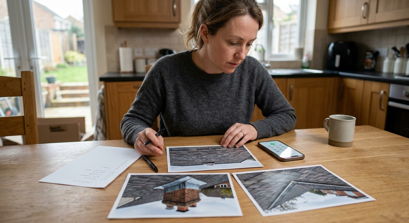 A homeowner reviews a simple roof inspection checklist with photos before calling a roofer.