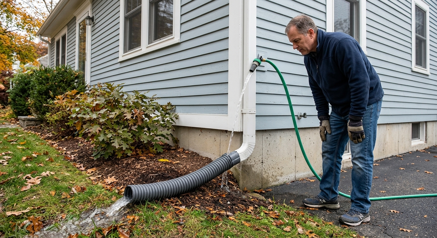 Testing a downspout extension with a hose before fall rain