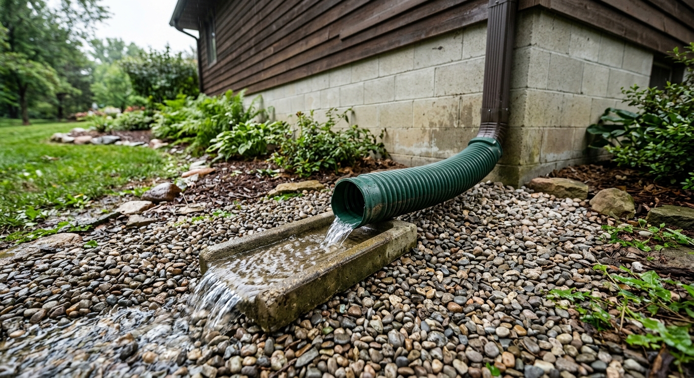 Downspout extension outlet draining across a splash block away from the house
