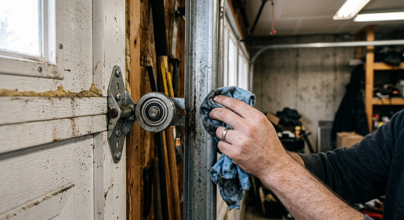 Cleaning a garage door track with a rag before lubrication