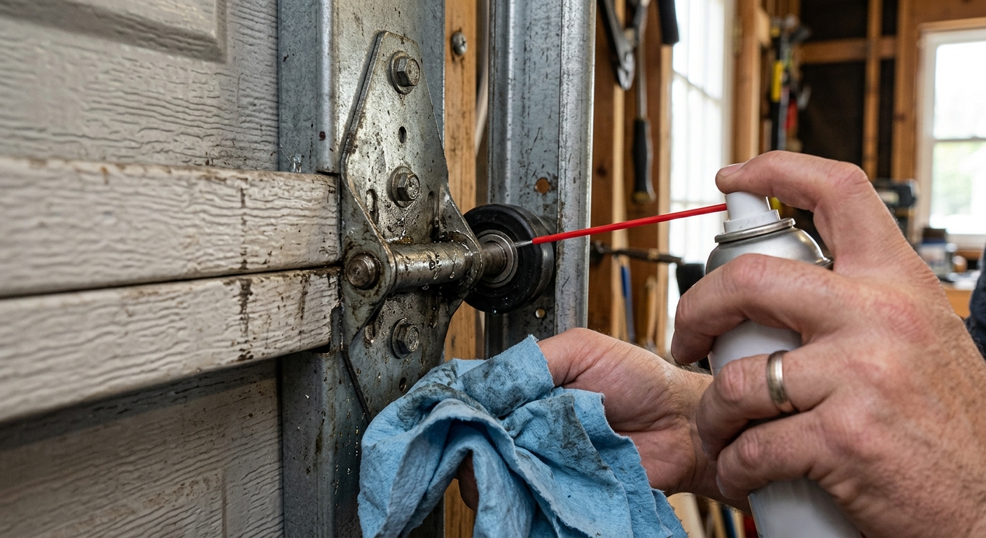 Applying a small spray of lubricant to garage door hinges and rollers