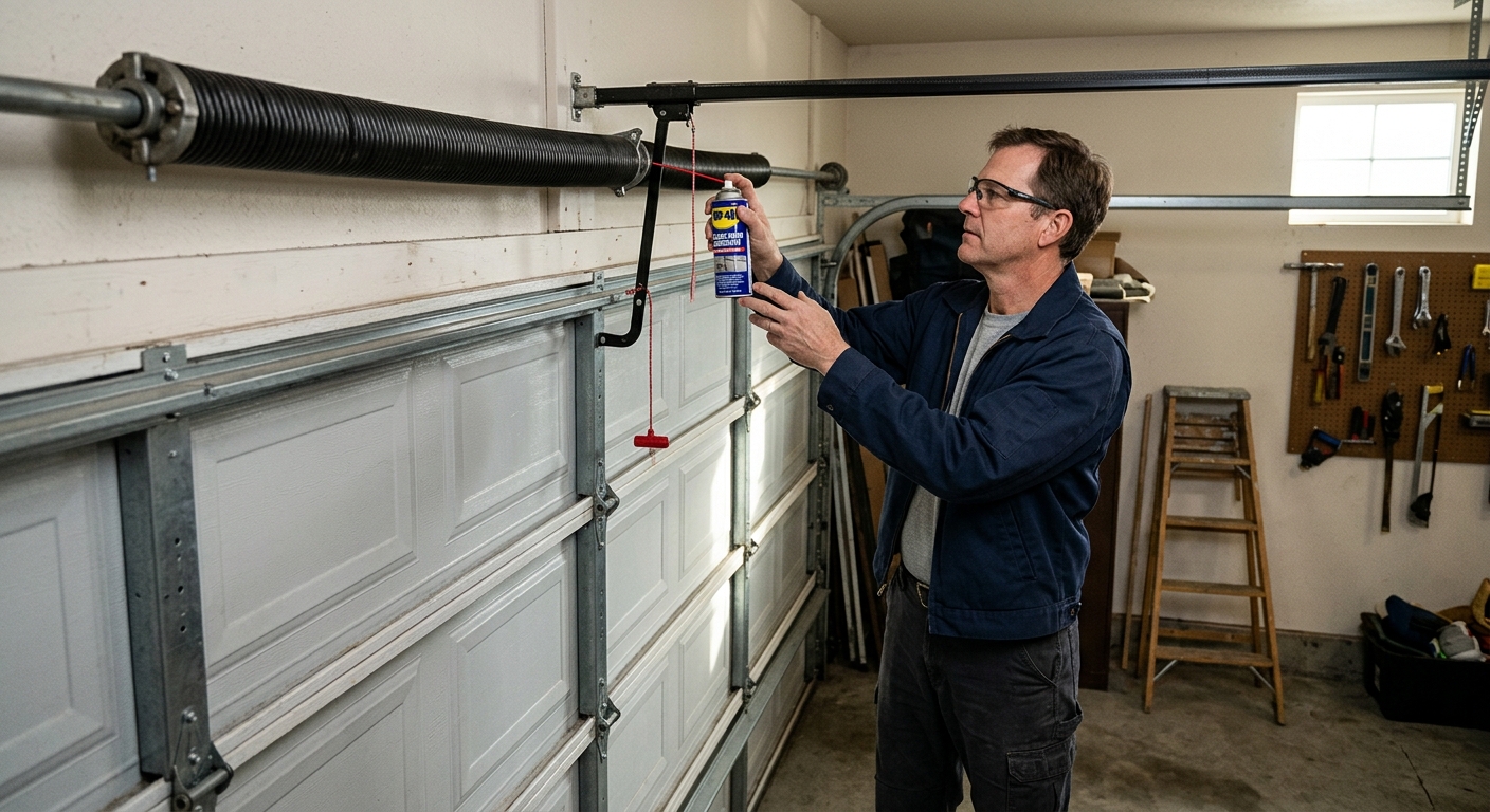 Lightly lubricating the outside of a garage door torsion spring