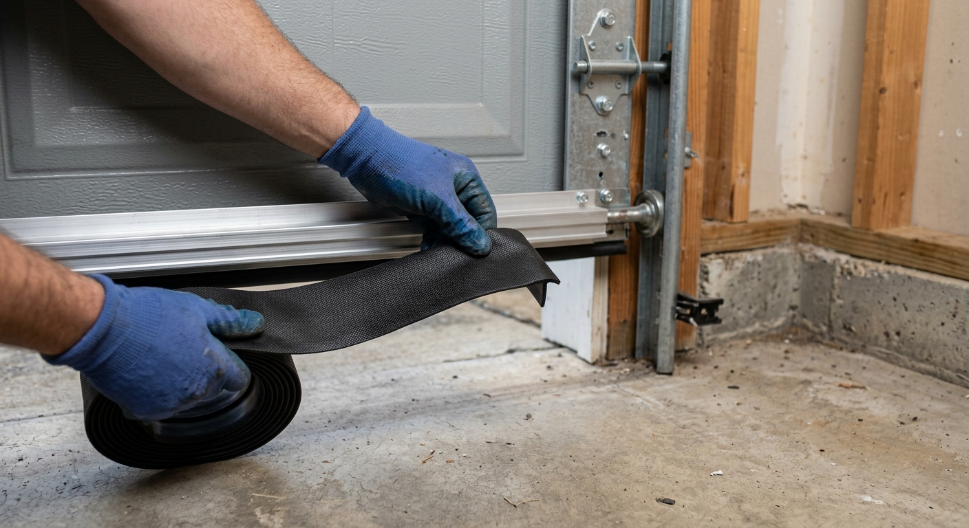 A compatible vinyl bottom seal is being slid into the aluminum retainer beneath a garage door.