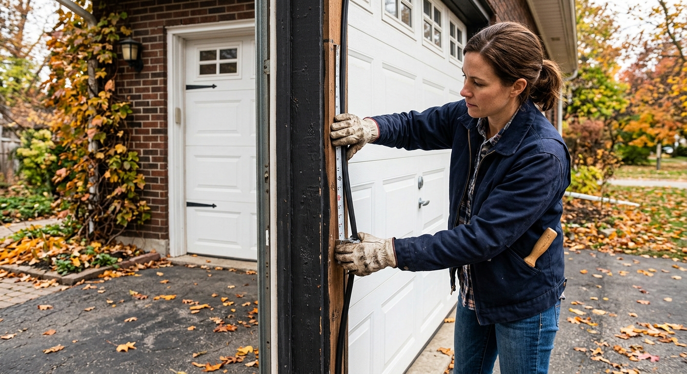 Exterior perimeter weatherstripping is aligned against the garage door frame while the door is closed.