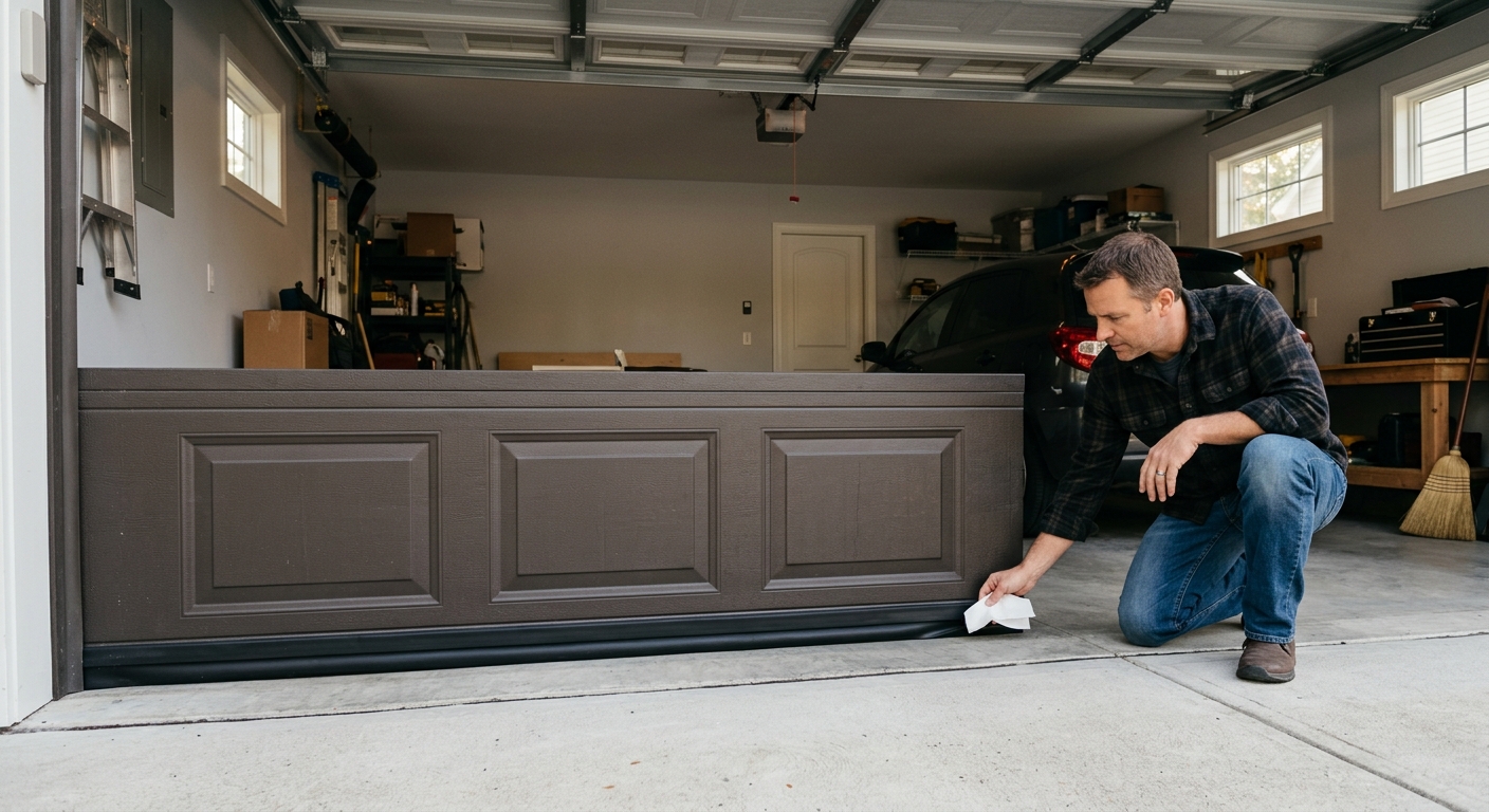 A closed garage door is checked from inside after weatherstripping replacement, with no daylight at the bottom edge.