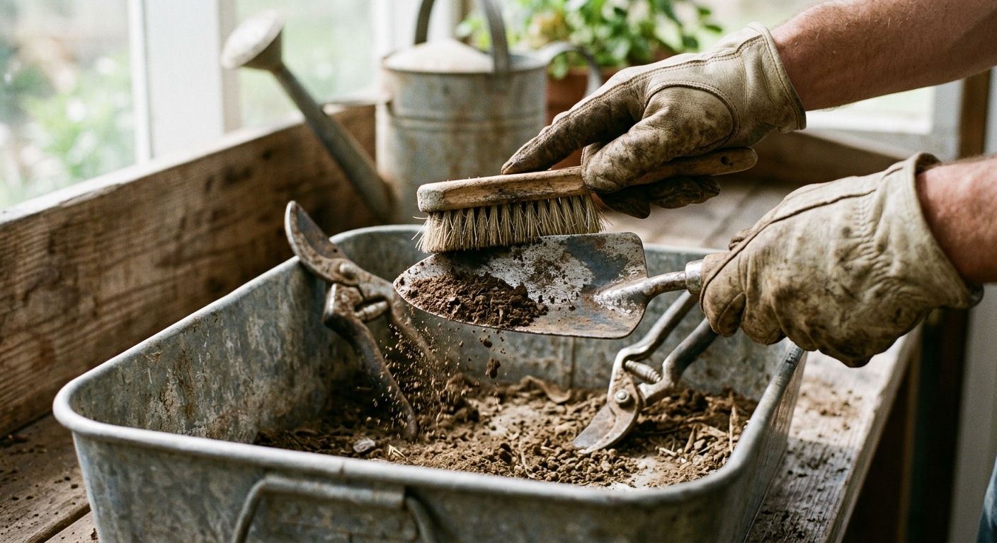 Brushing dried soil from a trowel and pruning tools.