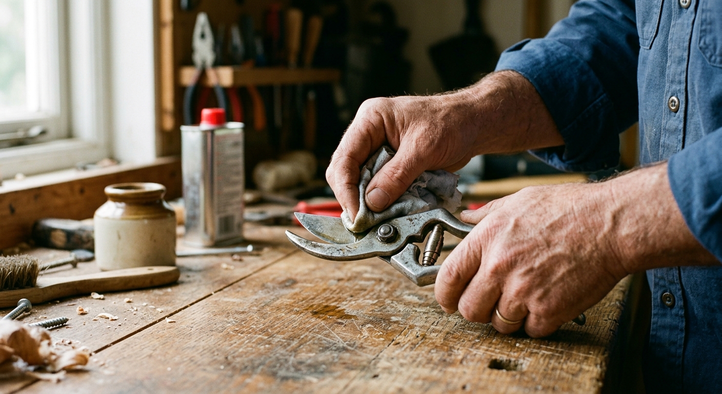 Applying protective oil to a clean garden pruner blade and pivot.