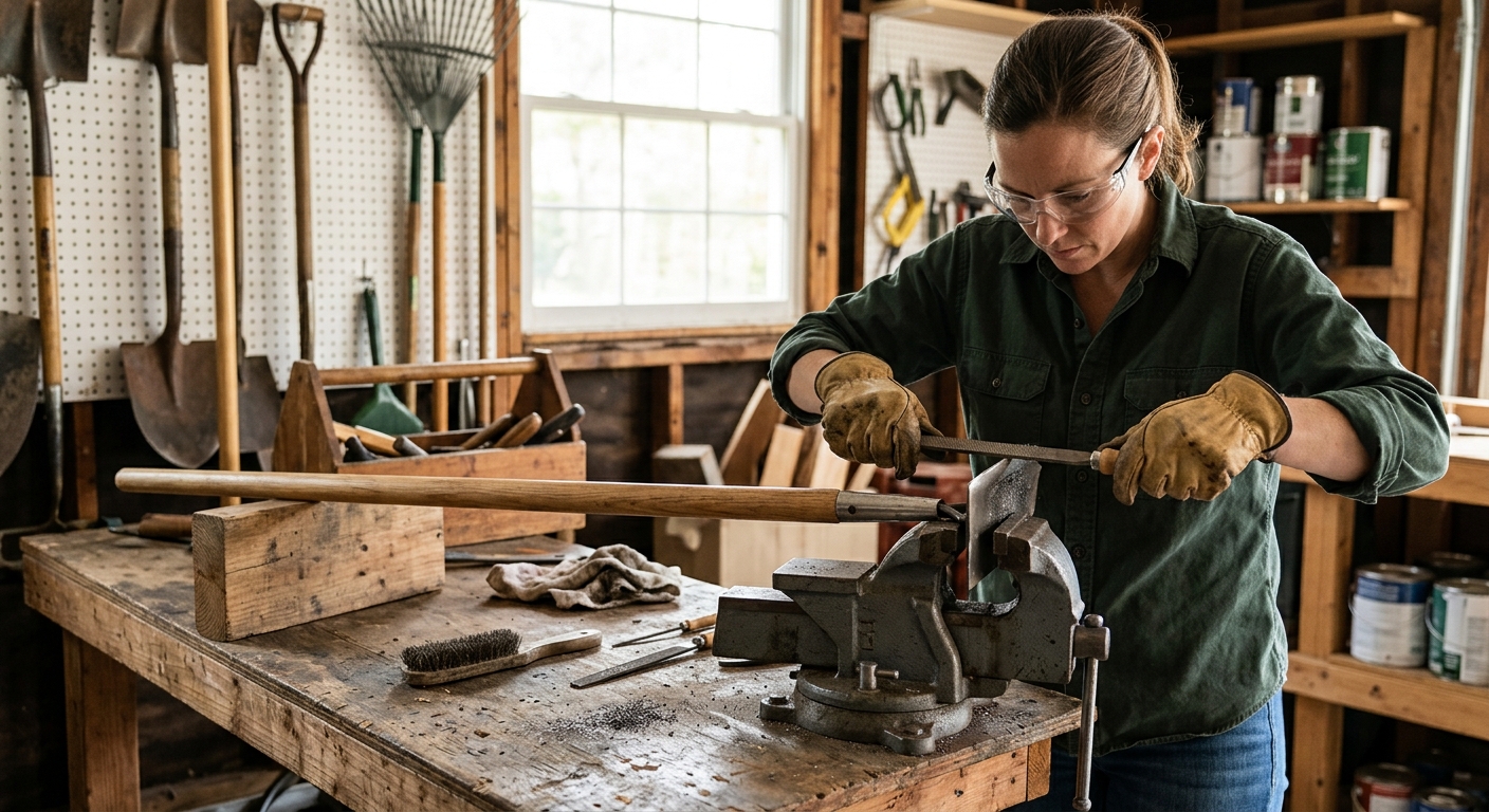 Safely filing the original bevel on a clamped garden hoe.