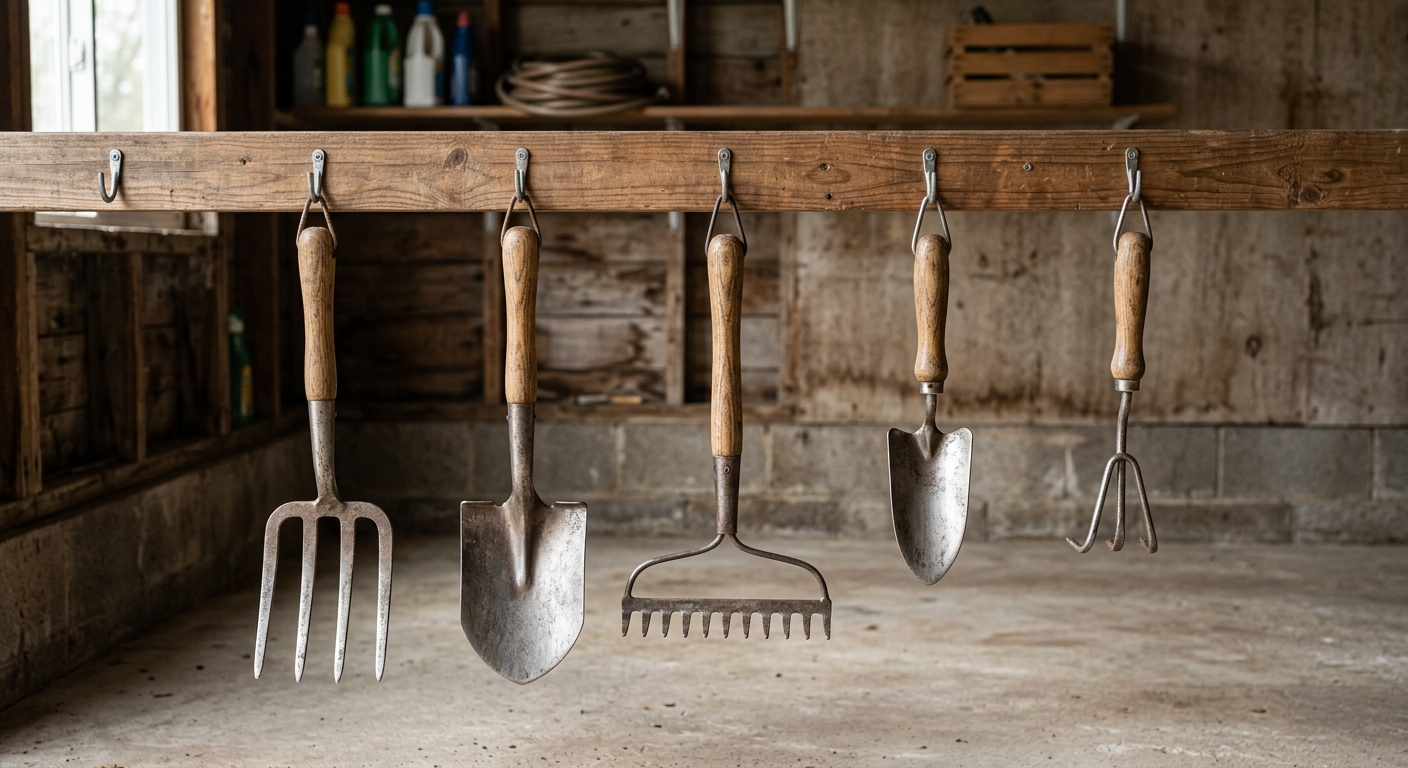 Garden tools stored off the floor on a dry garage wall rack.