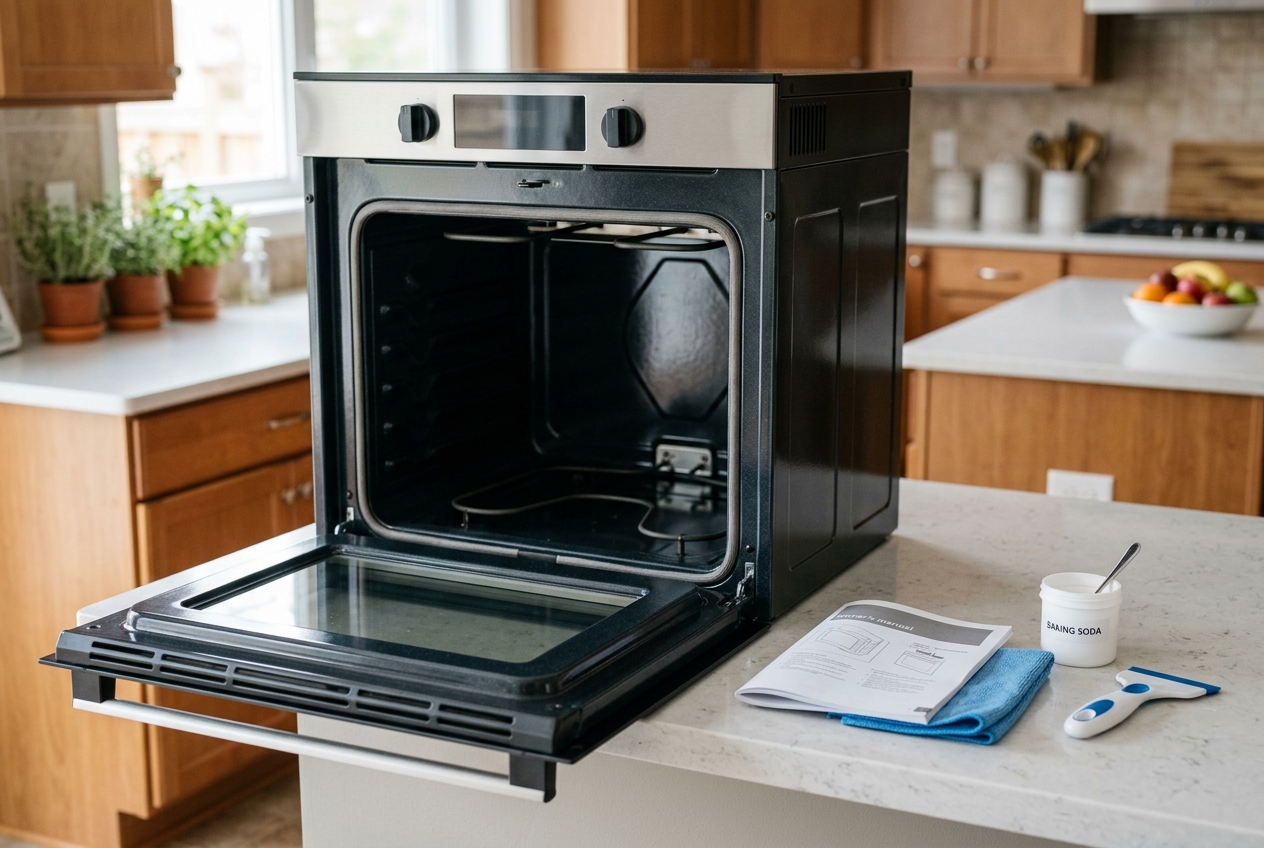 A cool oven prepared for manual cleaning with racks removed.