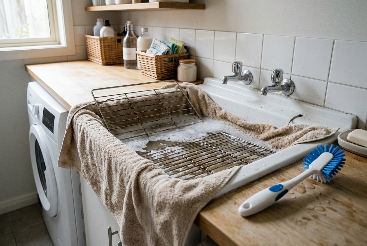 Oven racks soaking in a towel-lined tub before cleaning.