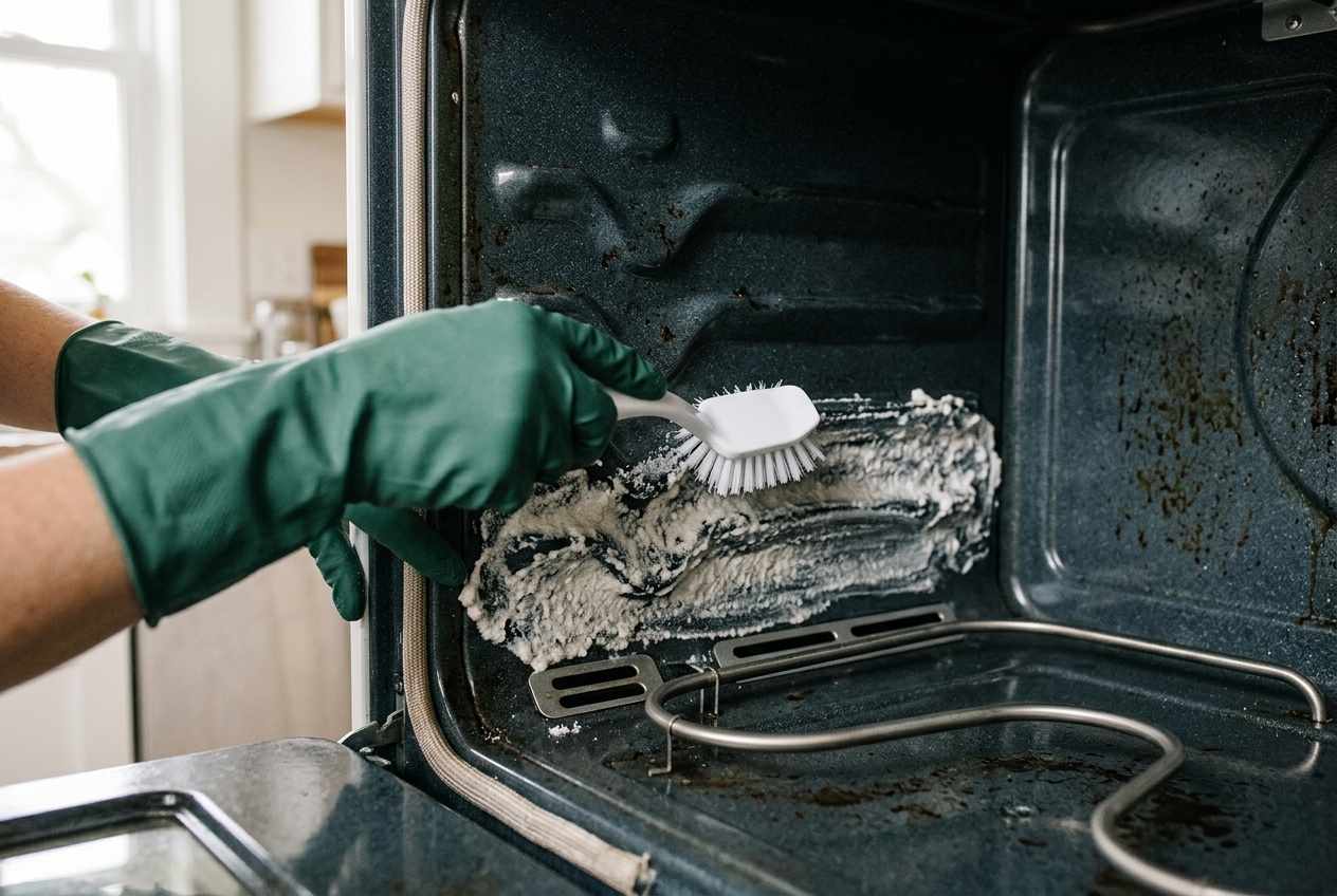 Gloved hands applying baking soda paste inside a cool oven.